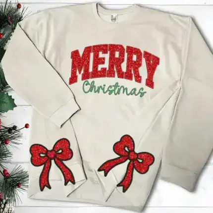 Merry Christmas Embroidered Side Bow Sweatshirt