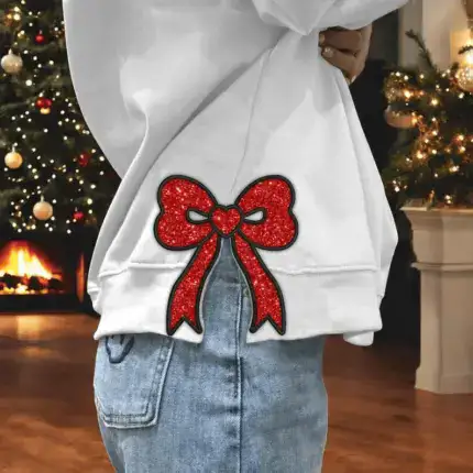 Merry Christmas Embroidered Side Bow Sweatshirt