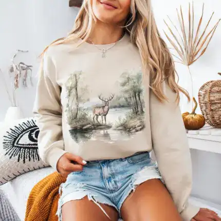 Vintage Deer Wilderness Scene Sweatshirt - Boho Unisex 3
