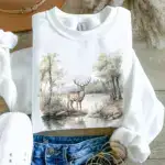 Vintage Deer Wilderness Scene Sweatshirt - Boho Unisex 3
