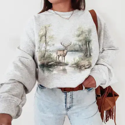 Vintage Deer Wilderness Scene Sweatshirt - Boho Unisex 3